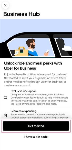 Schaltfläche „Loslegen“ auf dem Einrichtungsbildschirm von Uber for Business