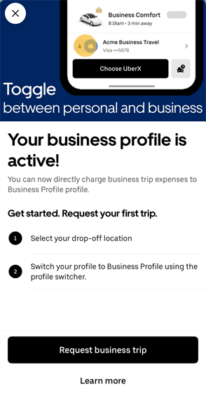 Confirmation screen showing that the Uber business profile is active