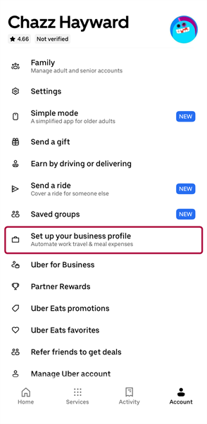 Option „Ihr Unternehmensprofil einrichten“ auf dem Konto-Bildschirm von Uber