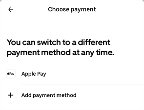 Bildschirm zur Auswahl des Zahlungsmittels mit Apple Pay und den Optionen „Zahlungsmittel hinzufügen“.