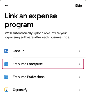 Option Emburse Enterprise sur l’écran Associer un programme de dépenses