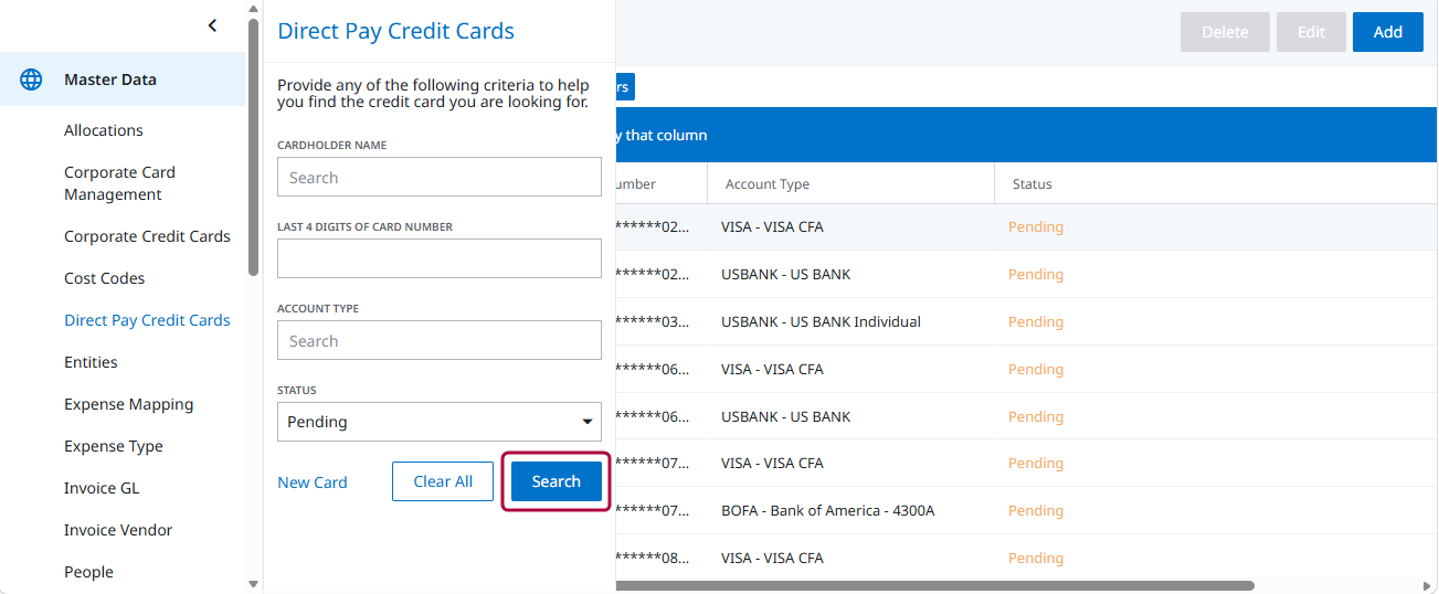 DIRECT PAY Credit Cards search screen with filter fields