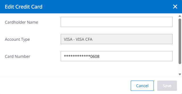 Edit credit card details form with Cardholder Name and Card Number fields