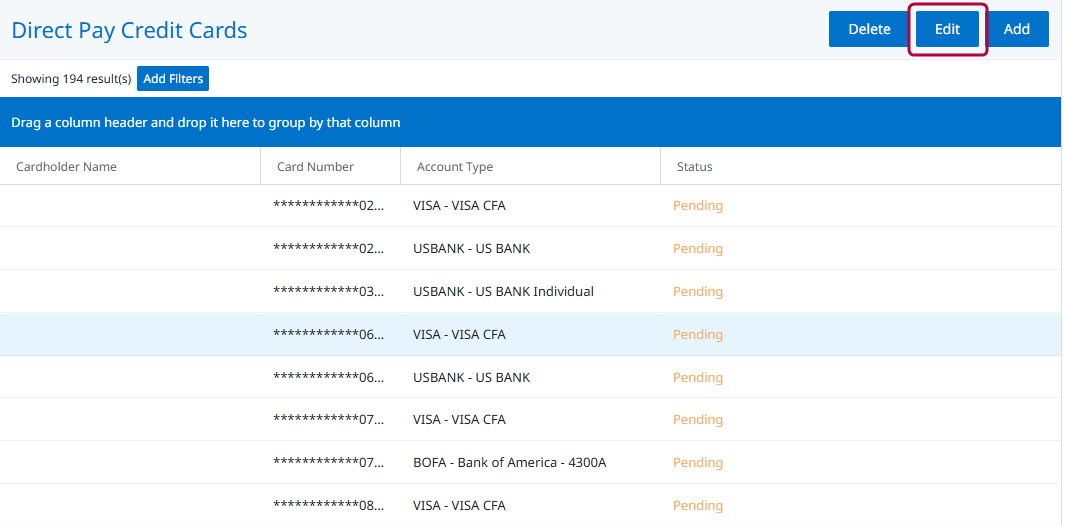 Credit card search results with a card selected and the Edit button