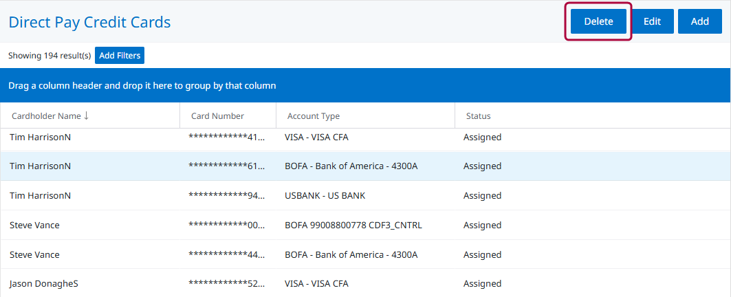 Credit card search results with a card selected and the Delete button