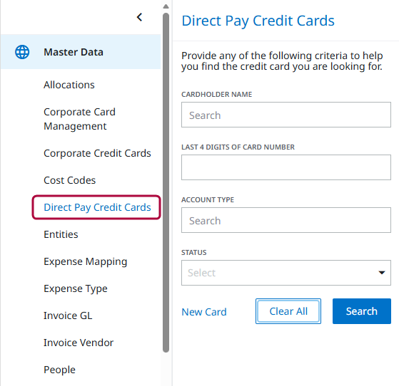 Menu de navigation des paramètres d’administration, y compris les options Données de référence et Cartes de crédit pour Paiement Direct mises en évidence
