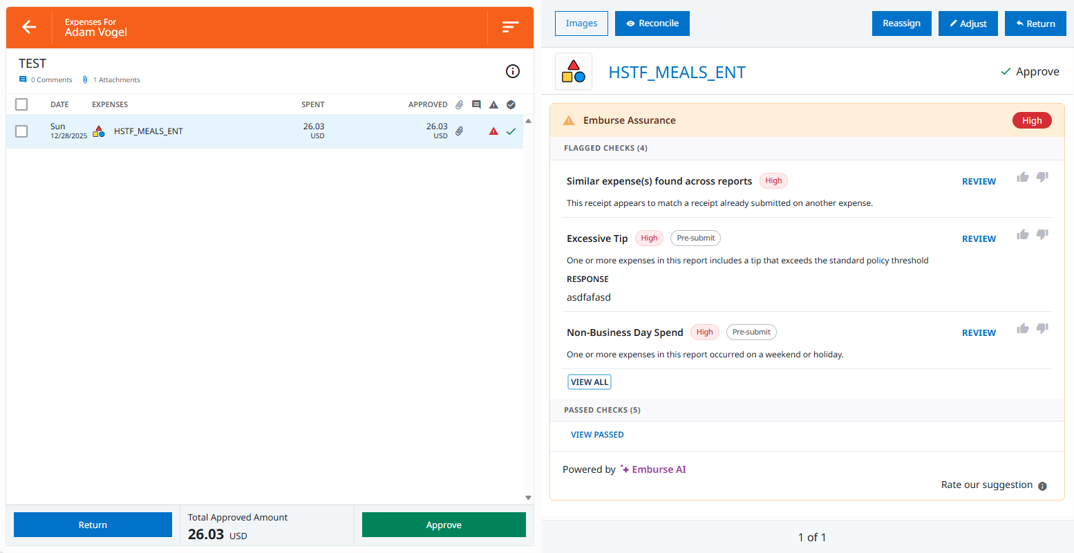 Emburse Assurance Auditor view showing check risk scores and review details
