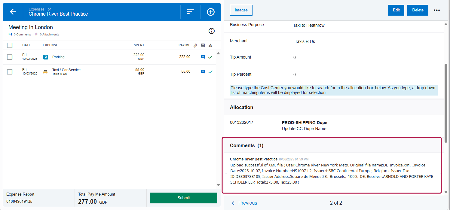 Expense line item comment displaying extracted XML invoice details including user, file name, invoice date, invoice number, issuer, tax ID, address, receiver, total, and tax.