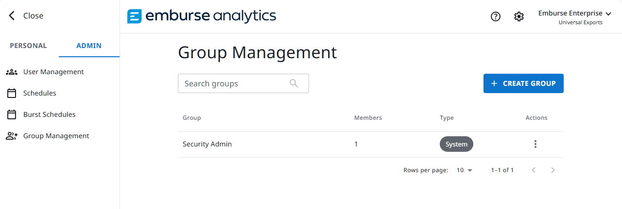 Group Management page on the Admin tab, with the Create Group button and the Security Admin system group.