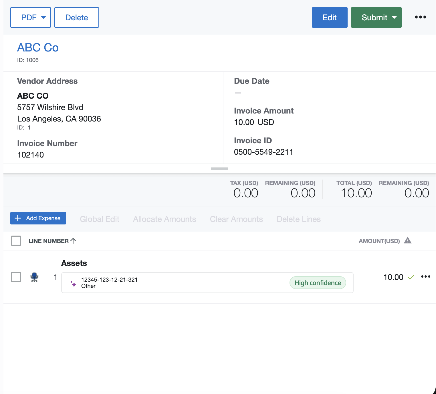 Invoice detail page with an Assets line item coded to a GL account and marked High confidence