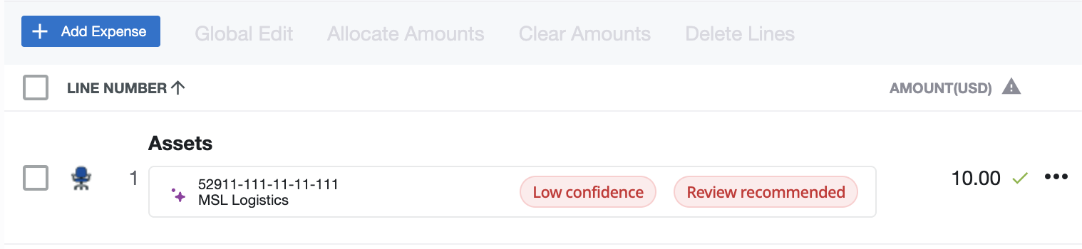 Invoice line item with a suggested GL code flagged Low confidence and Review recommended