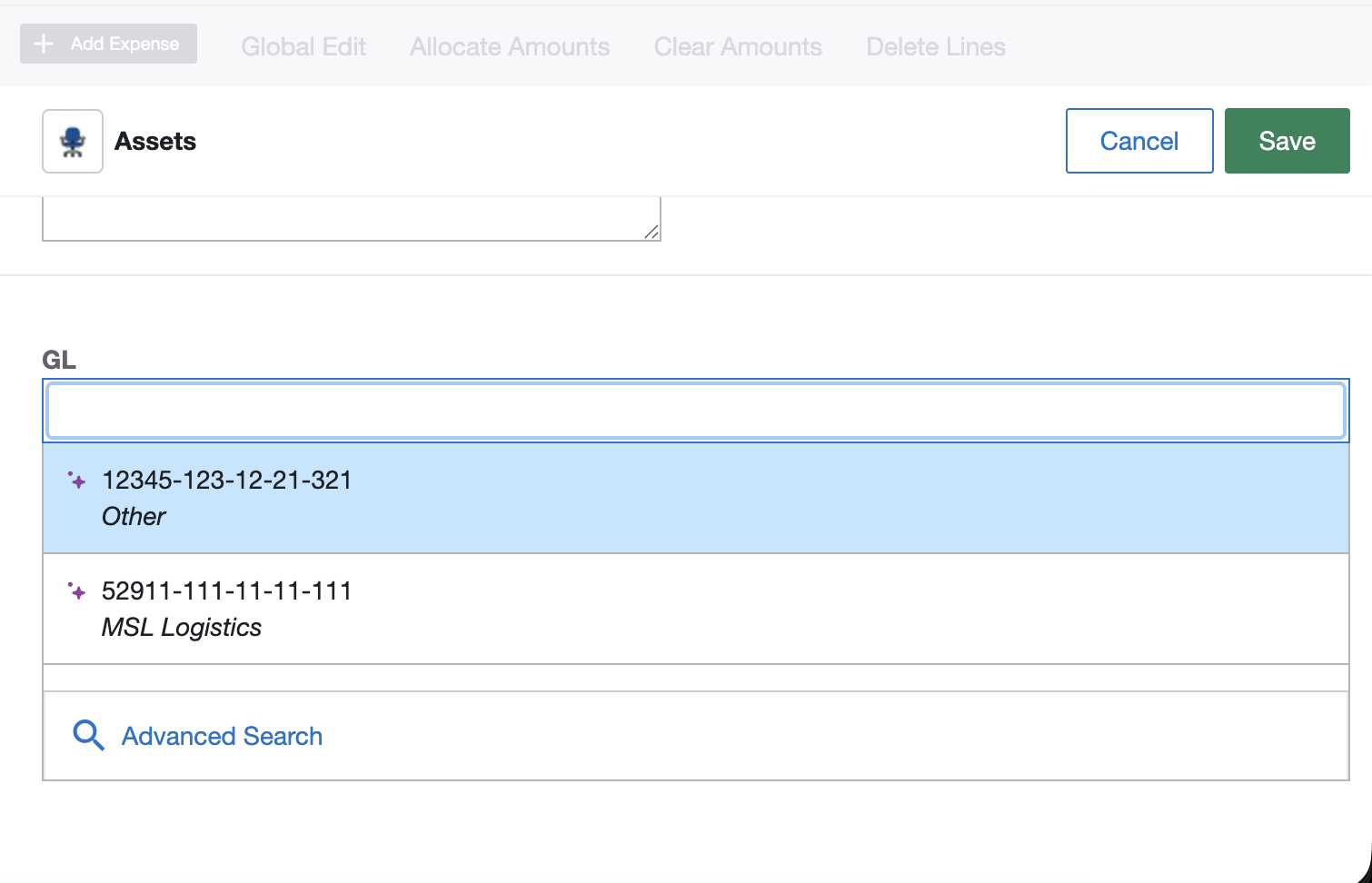 Open GL dropdown listing AI-suggested GL codes marked with sparkle icons, above an Advanced Search option
