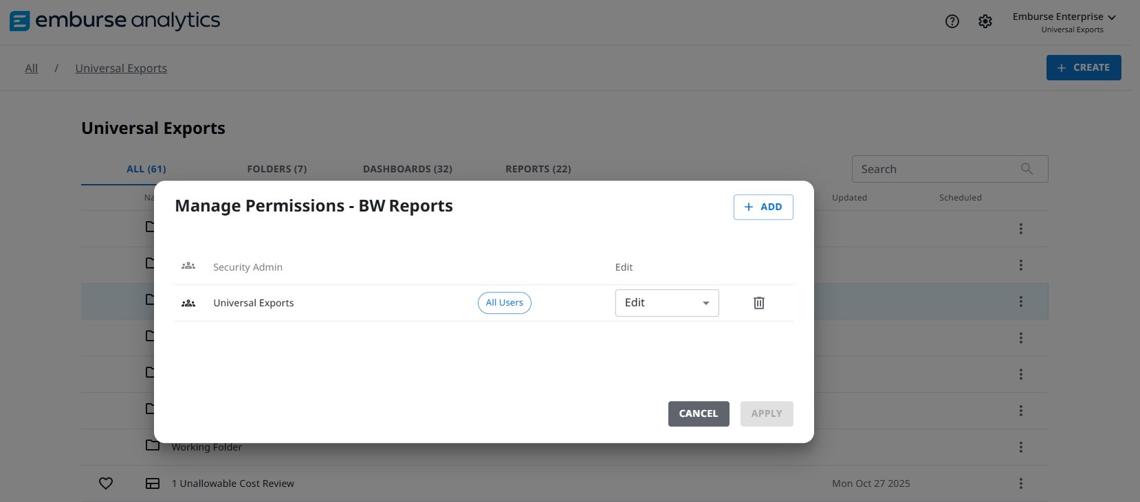 Manage Permissions dialog for the BW Reports folder, with Security Admin and the Universal Exports group set to Edit.