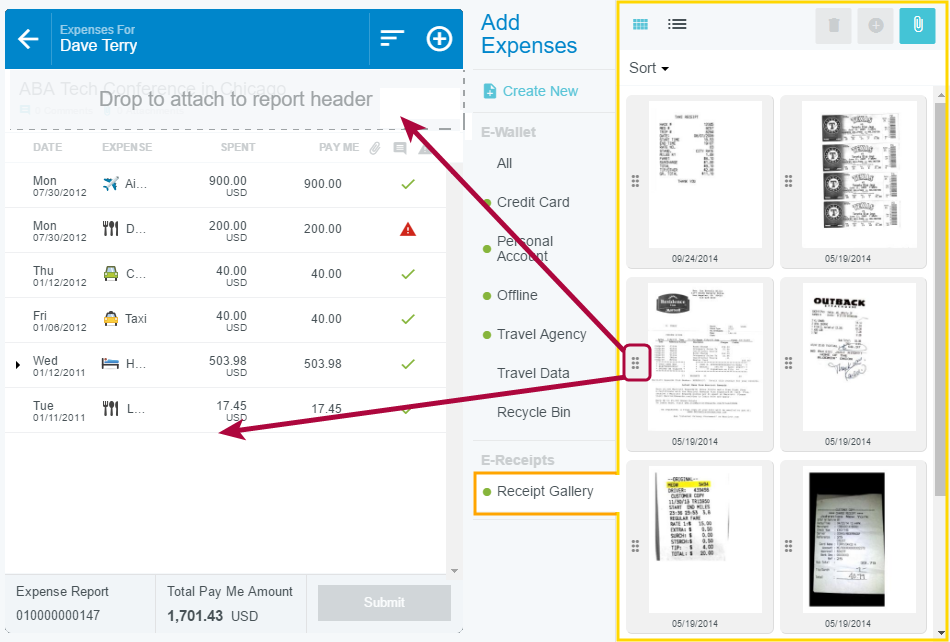 Arrows show dragging a receipt from the gallery to the report header or a line item.