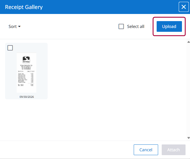 Vue de la galerie de reçus avec le bouton Téléverser en surbrillance dans le coin supérieur droit.