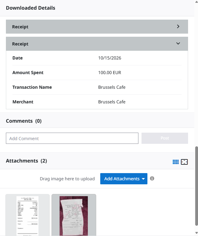 Downloaded Details expanded above Attachments, showing date, amount, transaction name, and merchant, with two receipt thumbnails.