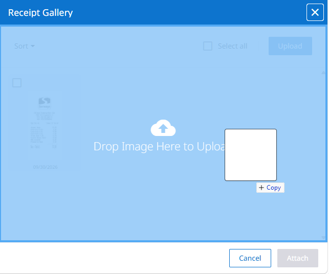 Belegbild über die Beleggalerie-Ansicht gezogen, in der „Bild zum Hochladen hier ablegen“ angezeigt wird.